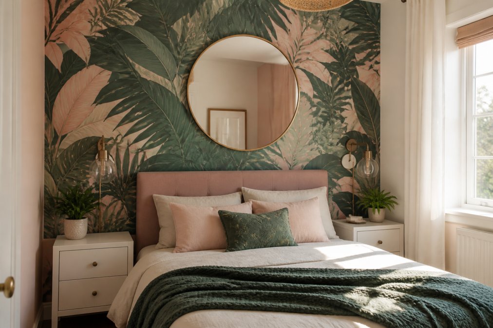 A small, beautifully styled bedroom with a bold botanical-print wallpaper accent wall behind the bed, featuring deep green and warm blush tones, complemented by a large round mirror and simple white bedside tables, photographed in warm afternoon light
