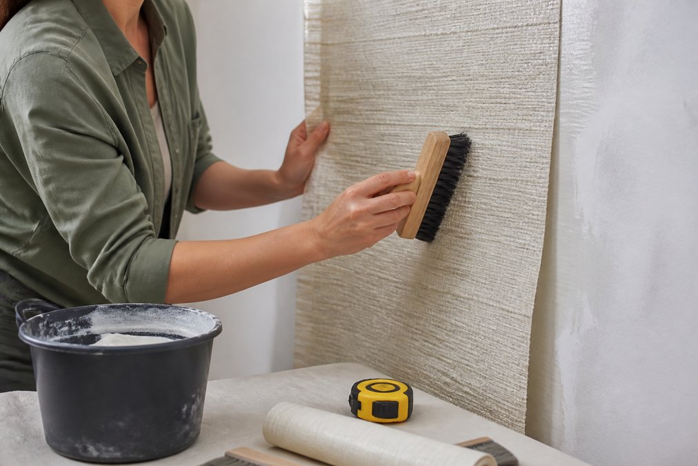 Close-up of a person carefully smoothing a thick textured wallpaper panel onto a freshly primed drywall surface using a wide smoothing brush, with a pot of wallpaper adhesive and a measuring tape visible on a nearby worktable, under bright workshop lighting