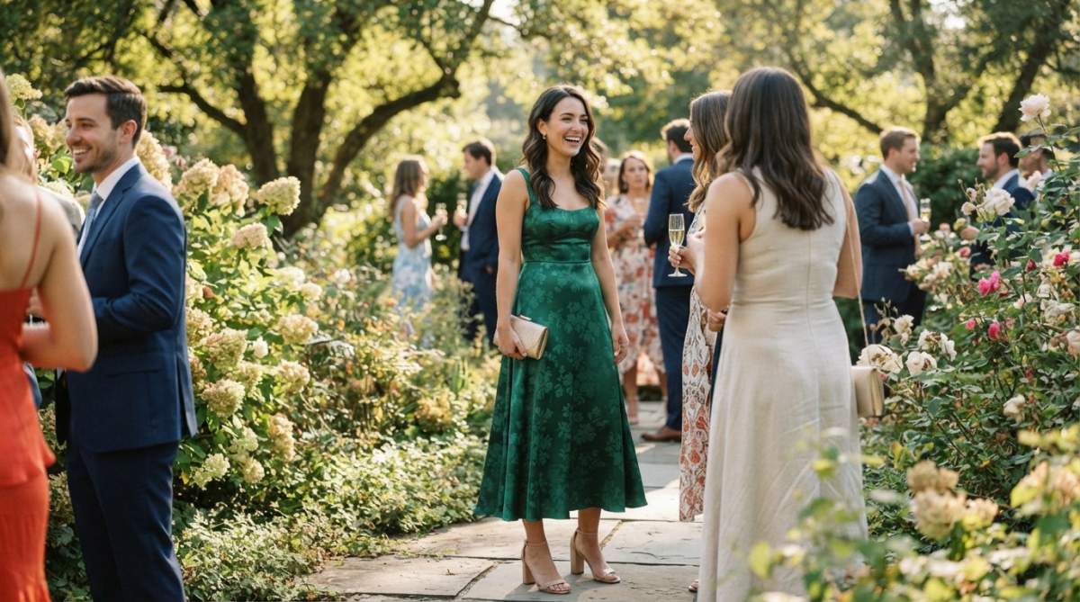 A woman in an elegant emerald floral midi dress standing in a sunlit garden, smiling softly, holding a small clutch, looking comfortable and appropriately dressed for an outdoor wedding