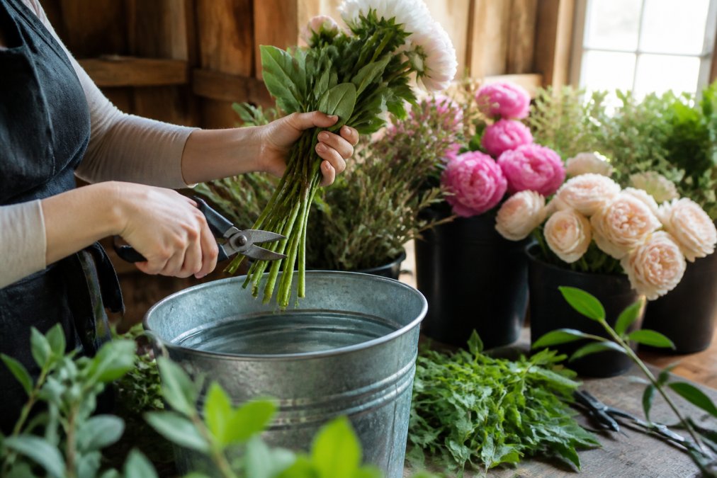A florist's hands cutting flower stems at a sharp angle over a galvanized bucket of fresh water, surrounded by buckets of peonies, garden roses, and foliage on a wooden workbench in a barn with natural window light