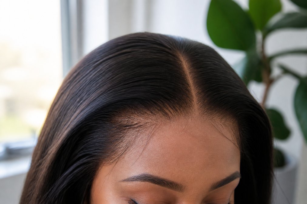 Close-up of a woman's hairline showing a natural-looking lace front wig with soft, graduated density at the parting, soft daylight from a window