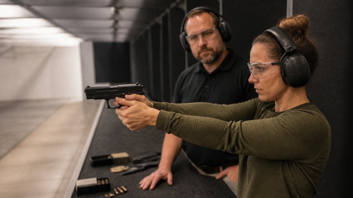 Close-up of a shooter's hands gripping a pistol at a shooting range counter, with a range officer observing in the background