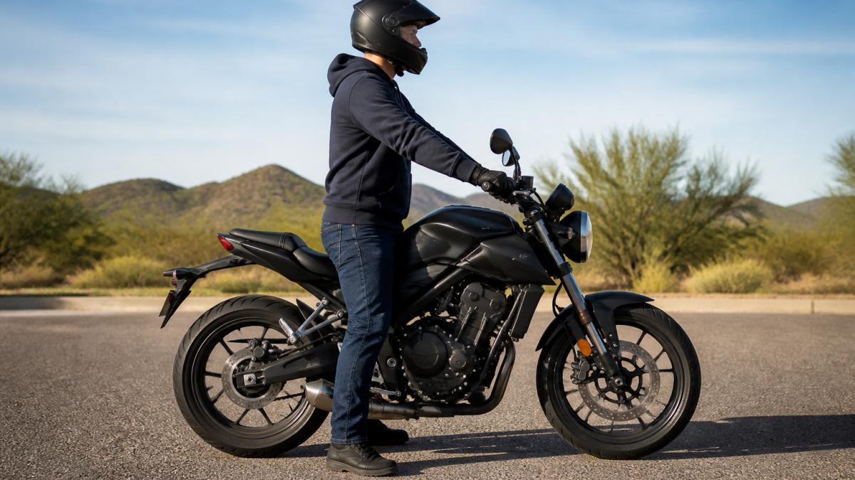 New rider of average height standing over a beginner-friendly motorcycle with both feet flat on the ground, demonstrating proper seat height fit in natural daylight