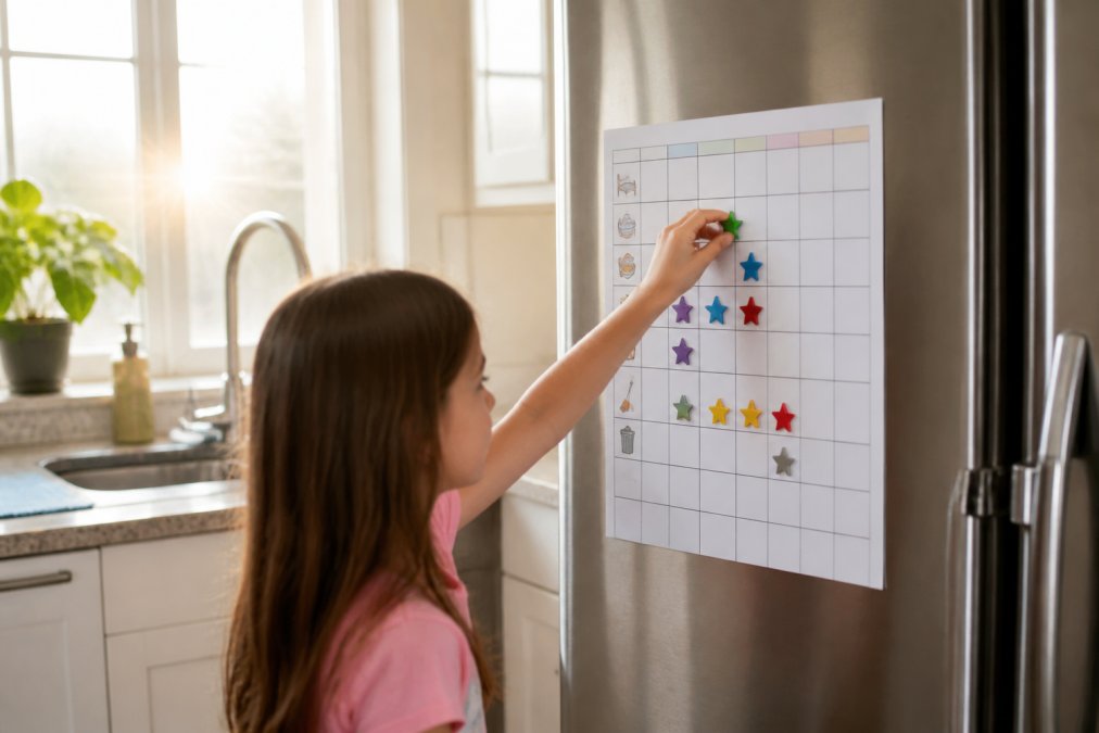 A child's hand placing a colorful magnetic star on a paper chore chart attached to a stainless steel refrigerator in a bright, modern kitchen with morning sunlight streaming through windows