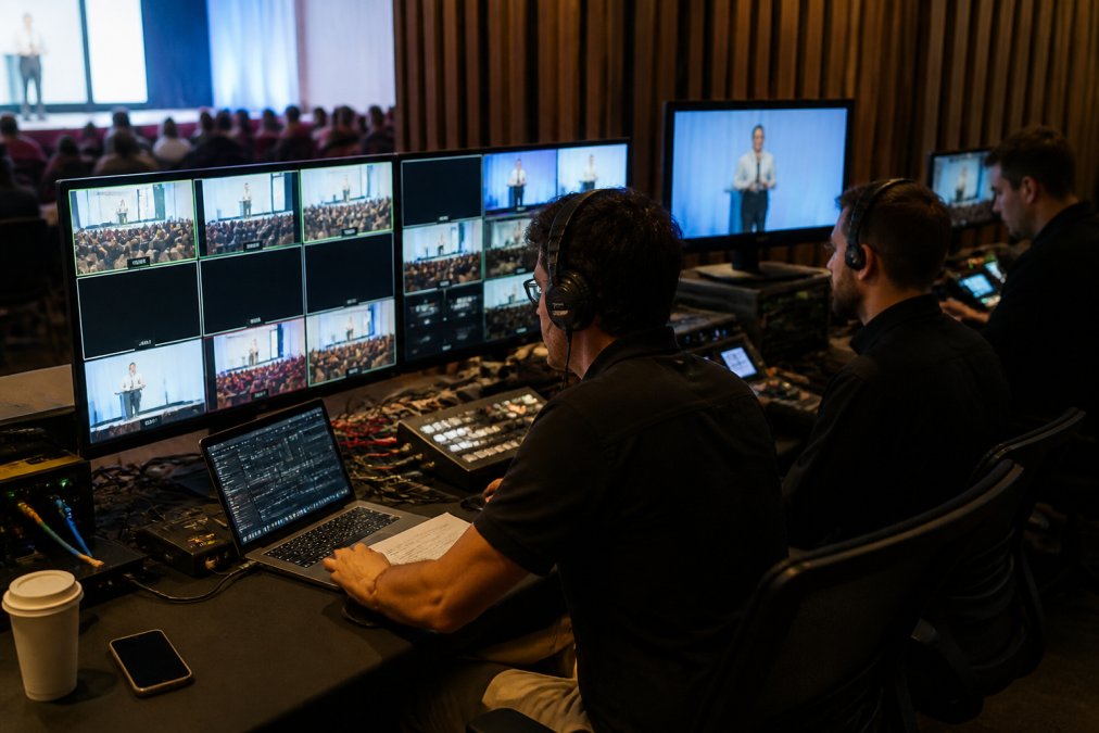 A professional event production team monitoring a live stream from a control room, with multiple screens showing camera feeds and broadcast output
