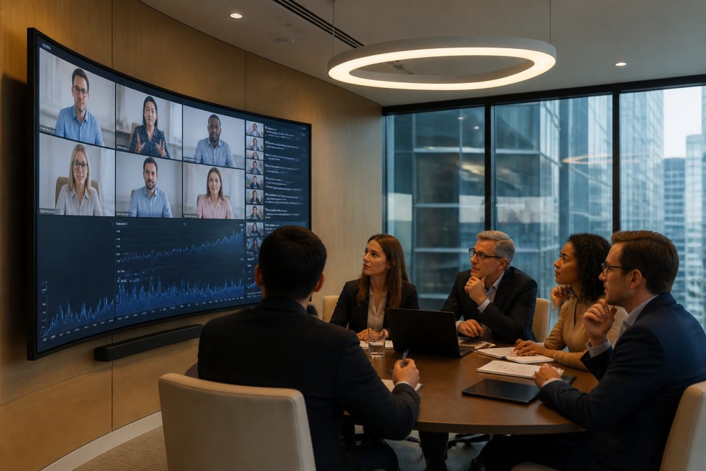 A corporate communications team of five gathered around a large curved screen in a modern glass-walled boardroom, reviewing a live webcast interface with video feeds and audience analytics visible on the display, under warm overhead lighting