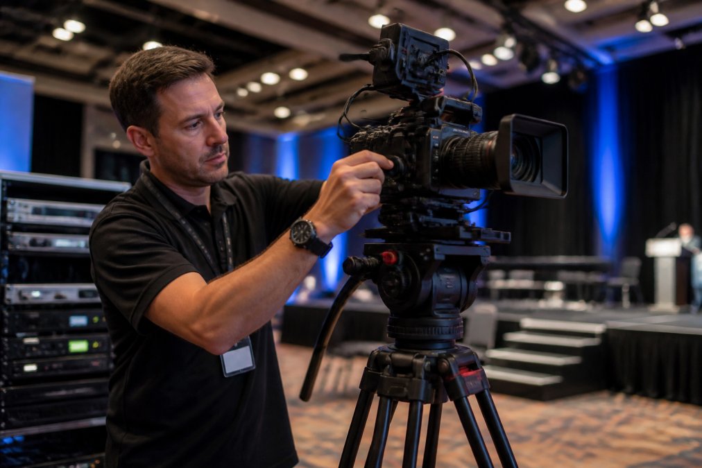 A professional AV technician in a black shirt adjusting a broadcast camera on a tripod at a corporate event venue, with a rack of streaming equipment and monitors visible in the background, under bright stage lighting