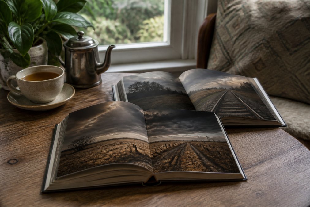 A cozy reading nook with two open crime thriller novels resting on a wooden table, a cup of tea nearby, soft natural light filtering through a window, evoking a quiet afternoon of reading