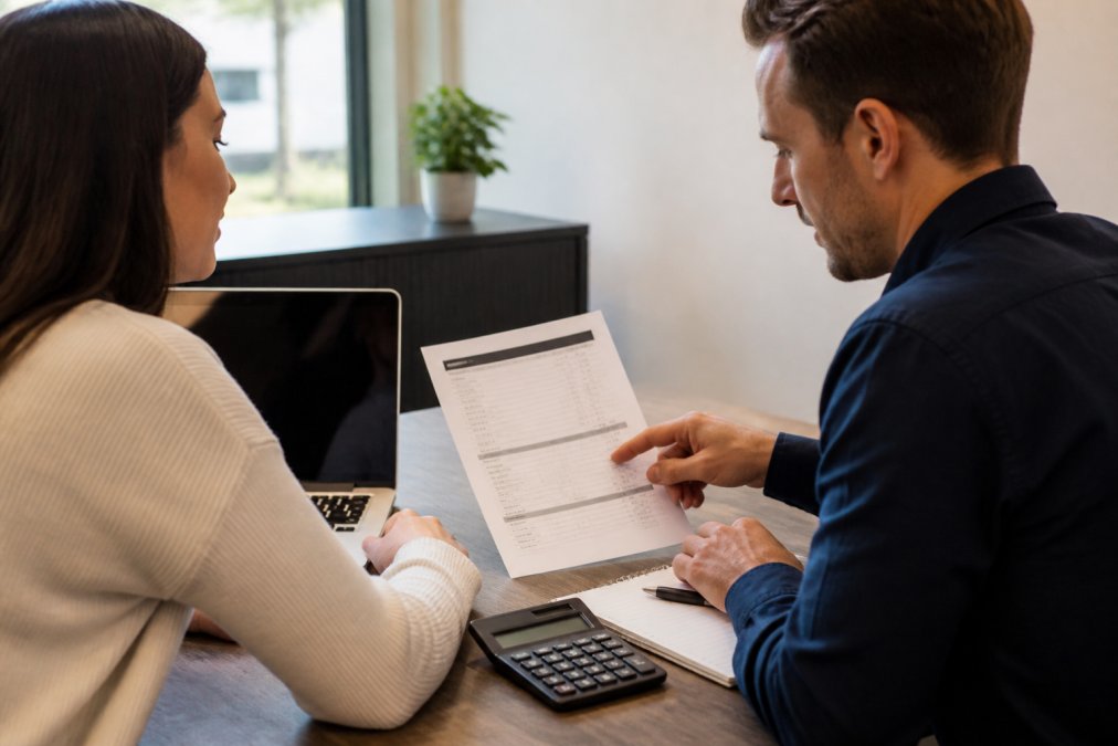 A business owner and a web designer reviewing a printed cost breakdown and laptop screen at a shared desk in a bright office