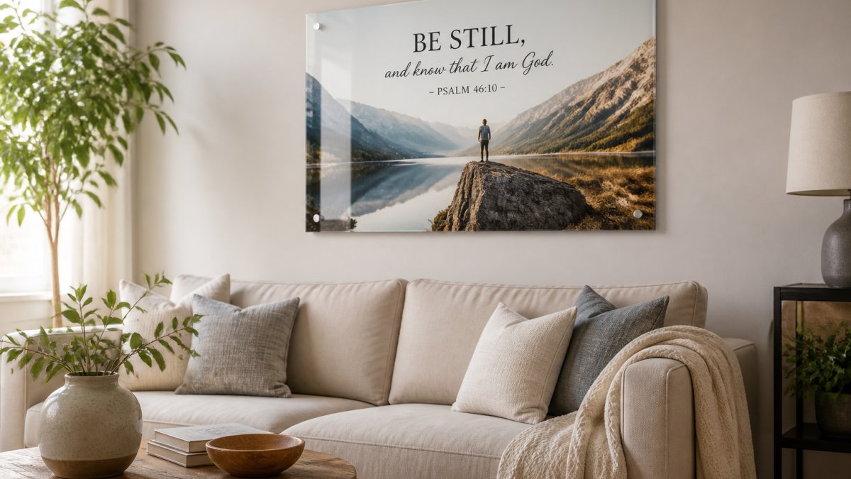 A bright, modern living room with a large frameless acrylic scripture print hanging above a neutral sofa, warm natural light catching the polished edge of the panel, a plant and a coffee table in frame