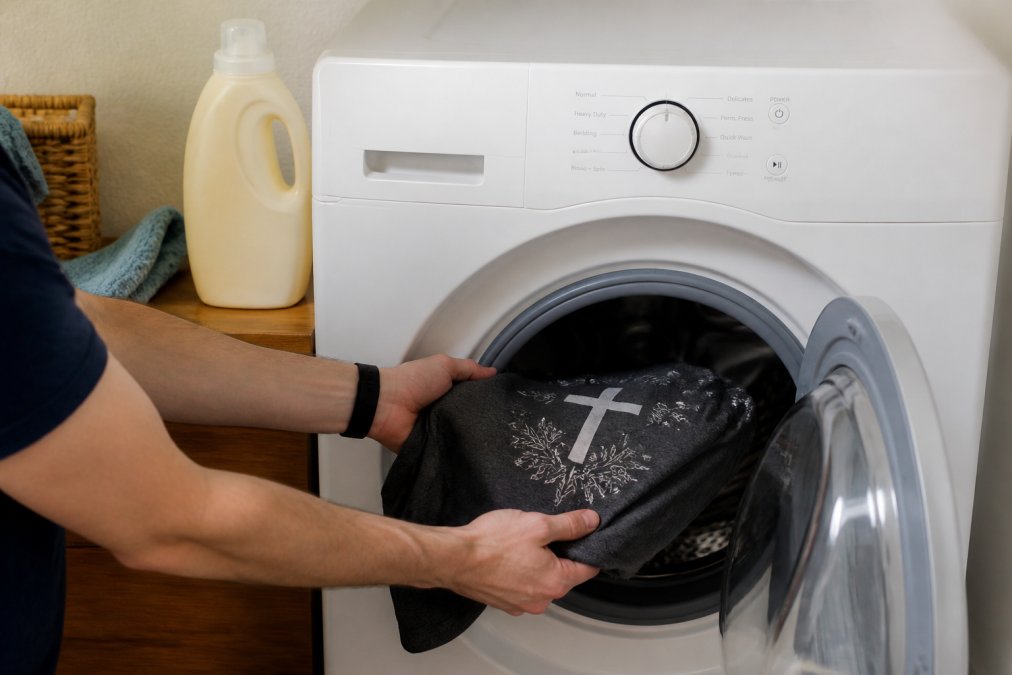 Hands placing a Christian graphic tee into a washing machine set to cold water, with a bottle of gentle detergent on the counter nearby