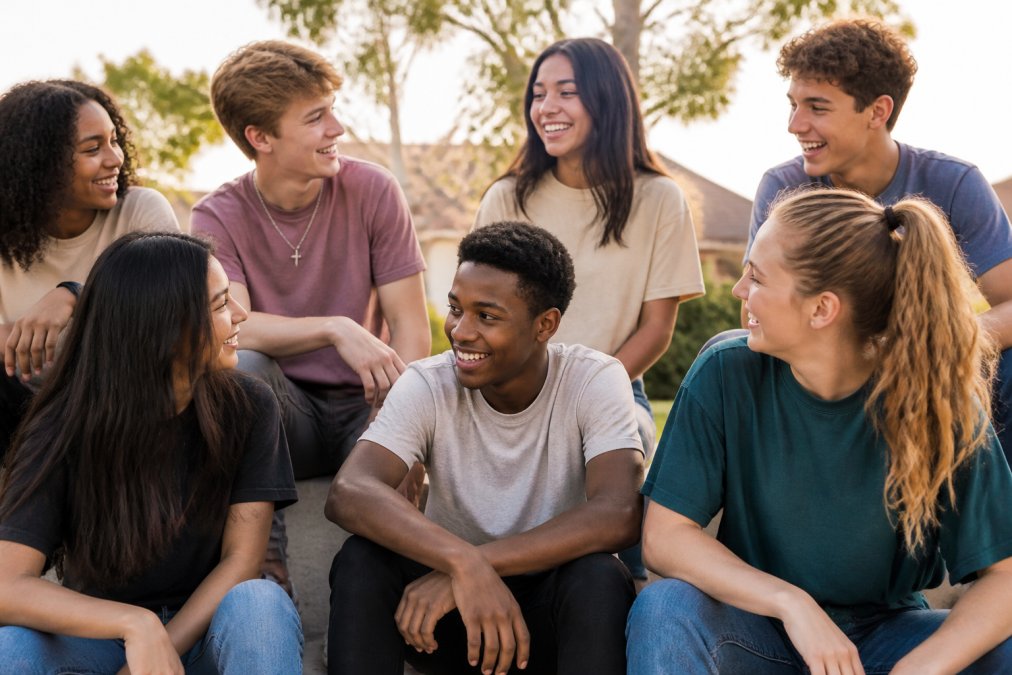 Young adults and teenagers wearing faith-inspired apparel in diverse community setting, smiling and gathered together outdoors in natural daylight