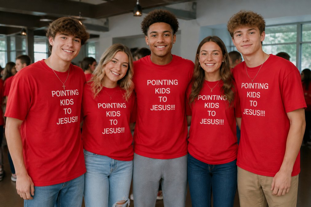 Group of teenagers wearing faith-inspired apparel at a church gathering, smiling and standing together in casual poses with natural daylight streaming through windows