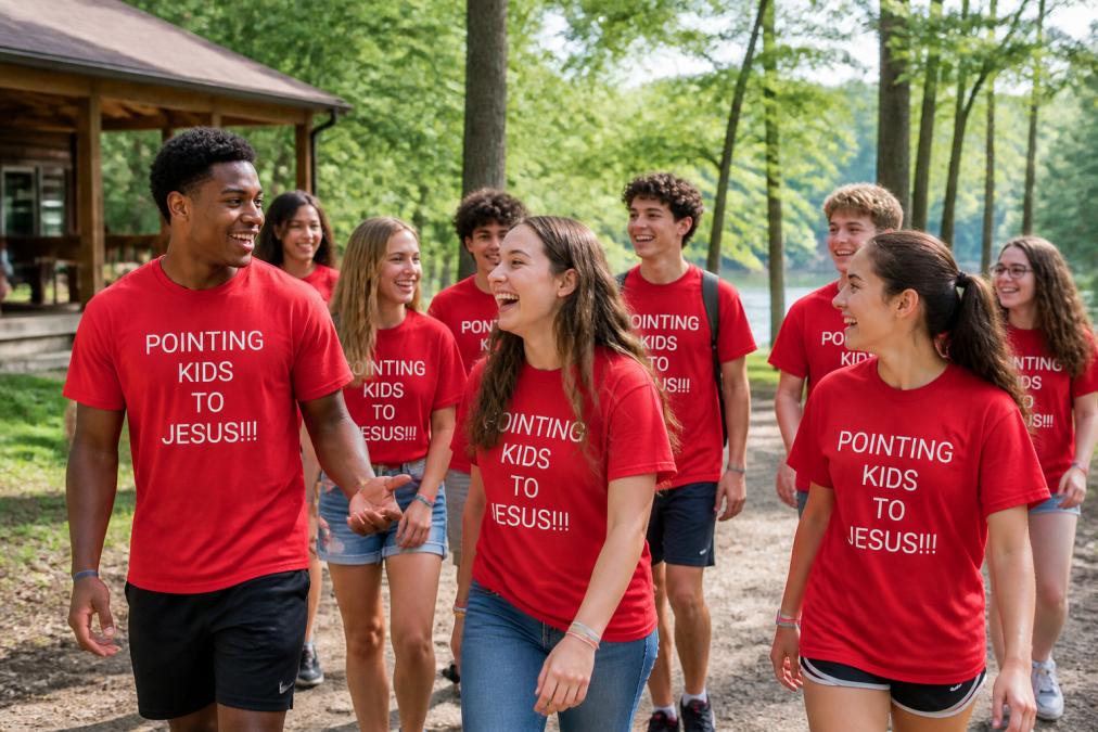 Youth group members wearing matching custom faith-inspired t-shirts at an outdoor church event or retreat, engaged in activities together with natural daylight and trees visible in background
