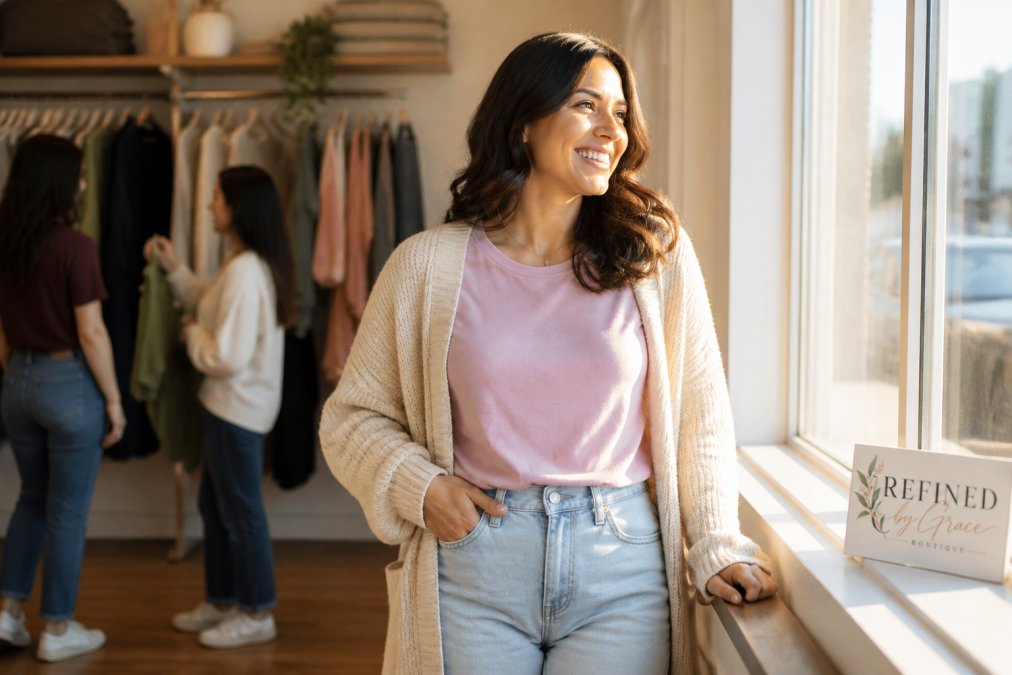 A woman wearing a faith-inspired graphic tee in soft pastels styled casually with light-wash jeans and a cream cardigan, standing confidently in natural morning sunlight near a window, with a genuine smile reflecting quiet confidence and peace