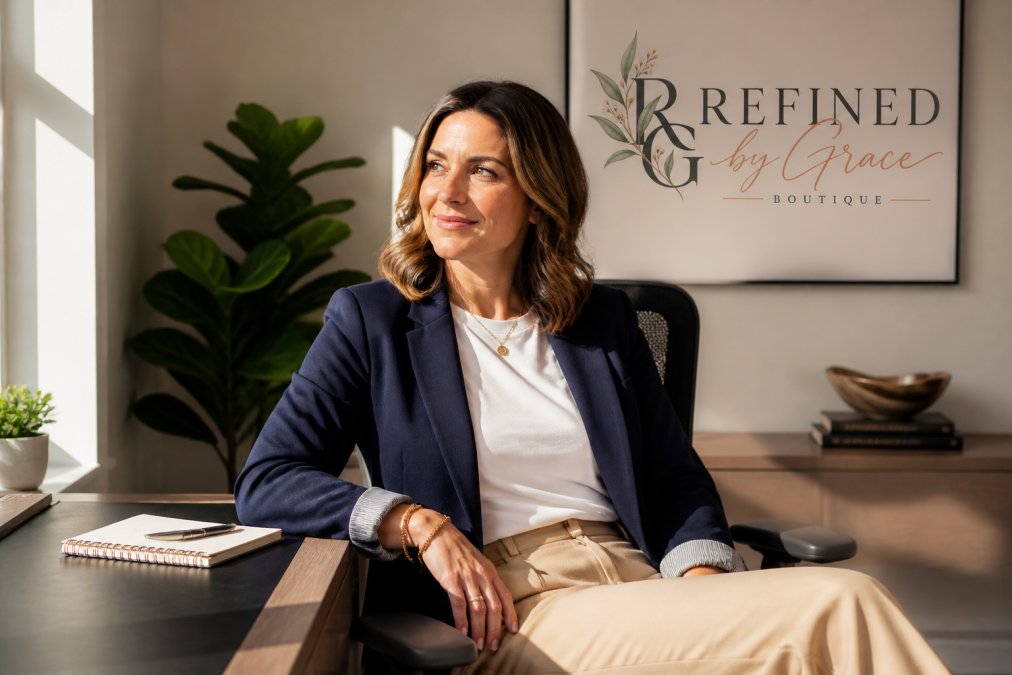 A professional woman in her late 30s wearing a faith-based graphic tee layered under a tailored navy blazer, paired with pressed khaki trousers and minimal jewelry, seated confidently at a modern office desk with natural light streaming across her face