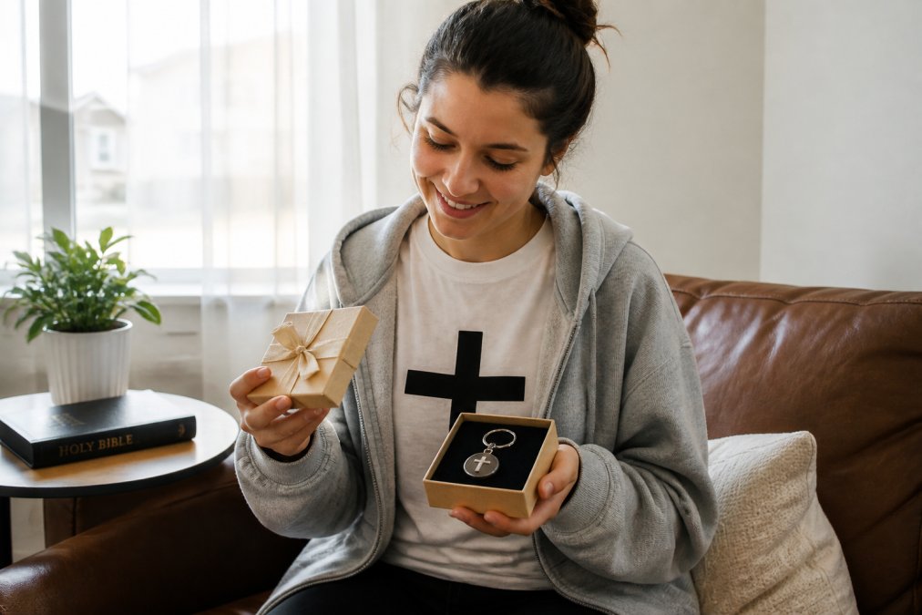 Infographic comparing the features and gifting styles of faith-based apparel versus traditional religious items.