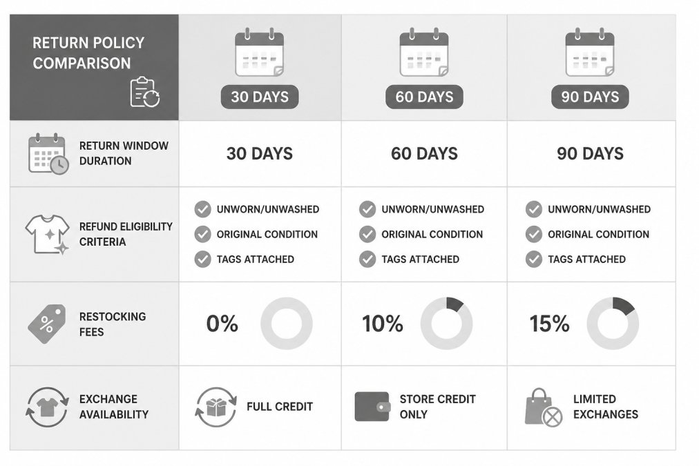 Comparison matrix showing return window duration (30 days, 60 days, 90 days), refund eligibility criteria (unworn/unwashed, original condition, tags attached), restocking fees (0%, 10%, 15%), and exchange availability (full credit, store credit only, limited exchanges) across Christian boutiques