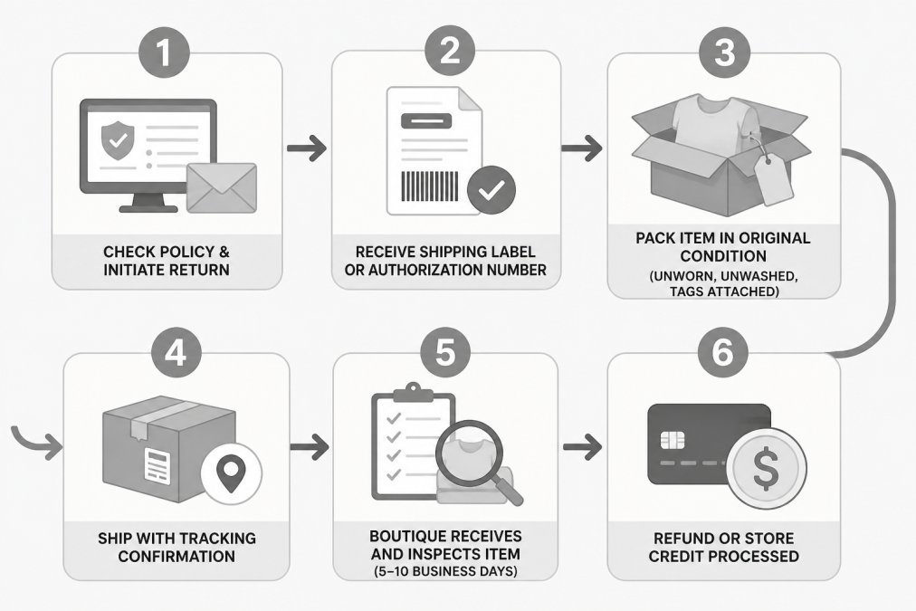 Flowchart showing the return process: Step 1 - Check return policy and initiate return via portal or email, Step 2 - Receive shipping label or authorization number, Step 3 - Pack item in original condition (unworn, unwashed, tags attached), Step 4 - Ship with tracking confirmation, Step 5 - Boutique receives and inspects item (5-10 business days), Step 6 - Refund or store credit processed
