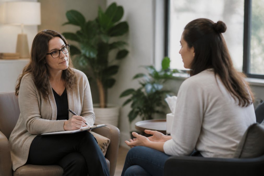 Professional Christian counselor and client in warm, peaceful counseling office with natural light, comfortable seating, and calm environment conveying trust and safety