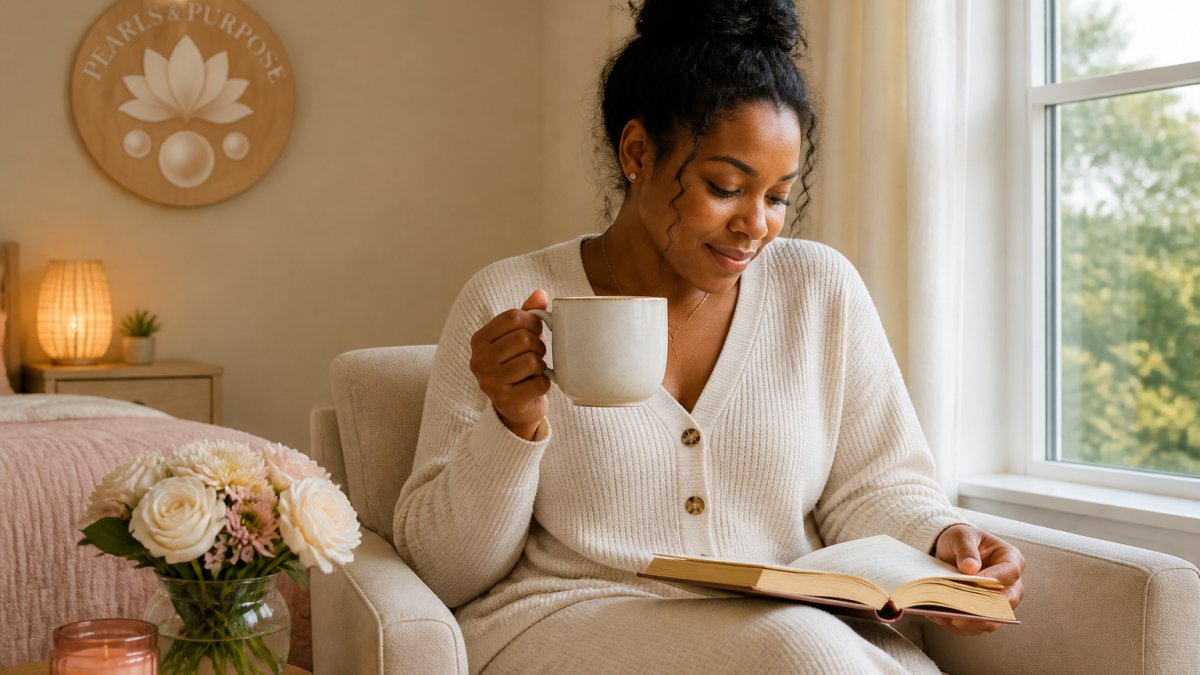 New mother sitting peacefully with warm tea and open devotional book during quiet morning moment, soft natural light streaming through window