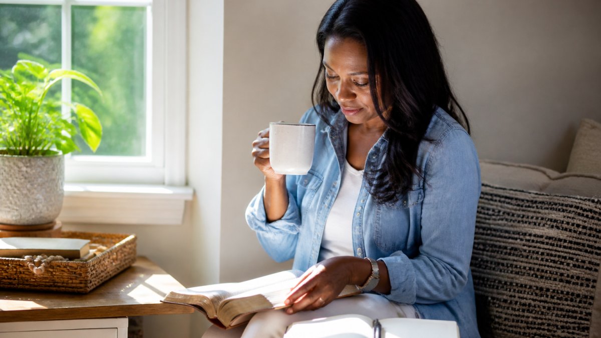 Woman sitting peacefully with a Bible and journal during Christian devotionals for women in a sunlit room.