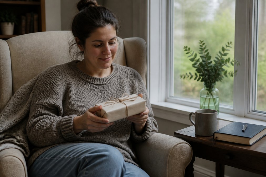 A woman sitting in a cozy armchair holding a wrapped gift box with a devotional book and mug nearby, soft natural light through a window, peaceful and reflective atmosphere