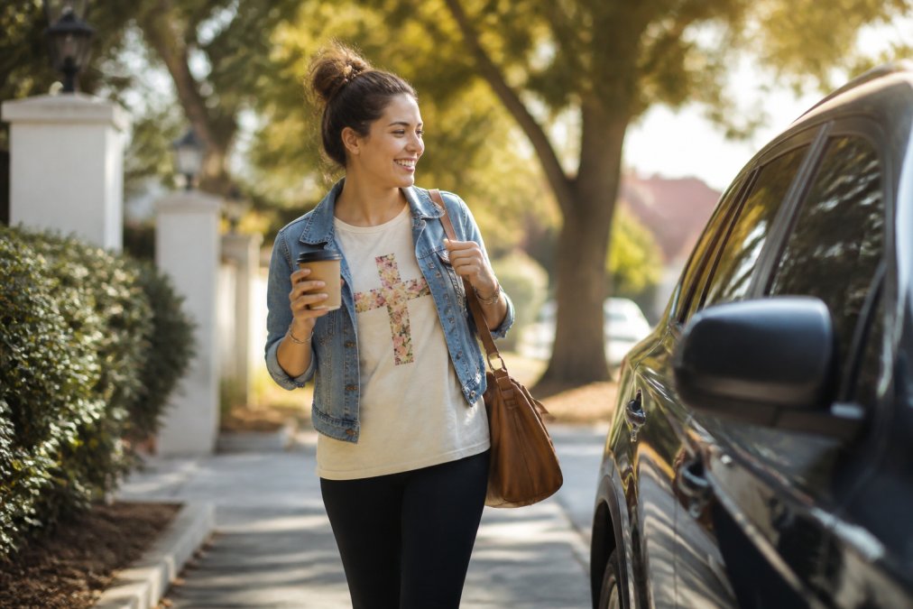 Busy mom wearing a soft cream Christian graphic tee layered under a denim jacket, holding a coffee cup while walking toward a parked car on a sunny morning, relaxed casual style