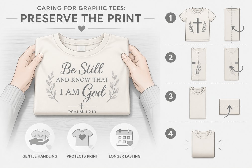 Close-up of gentle hands carefully folding a cream-colored Christian graphic tee with visible scripture lettering, showing proper handling technique on a soft wooden surface