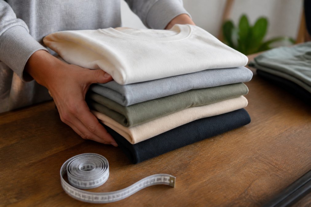 Close-up of hands holding a folded stack of cotton t-shirts in neutral tones, with a measuring tape nearby on a wooden table