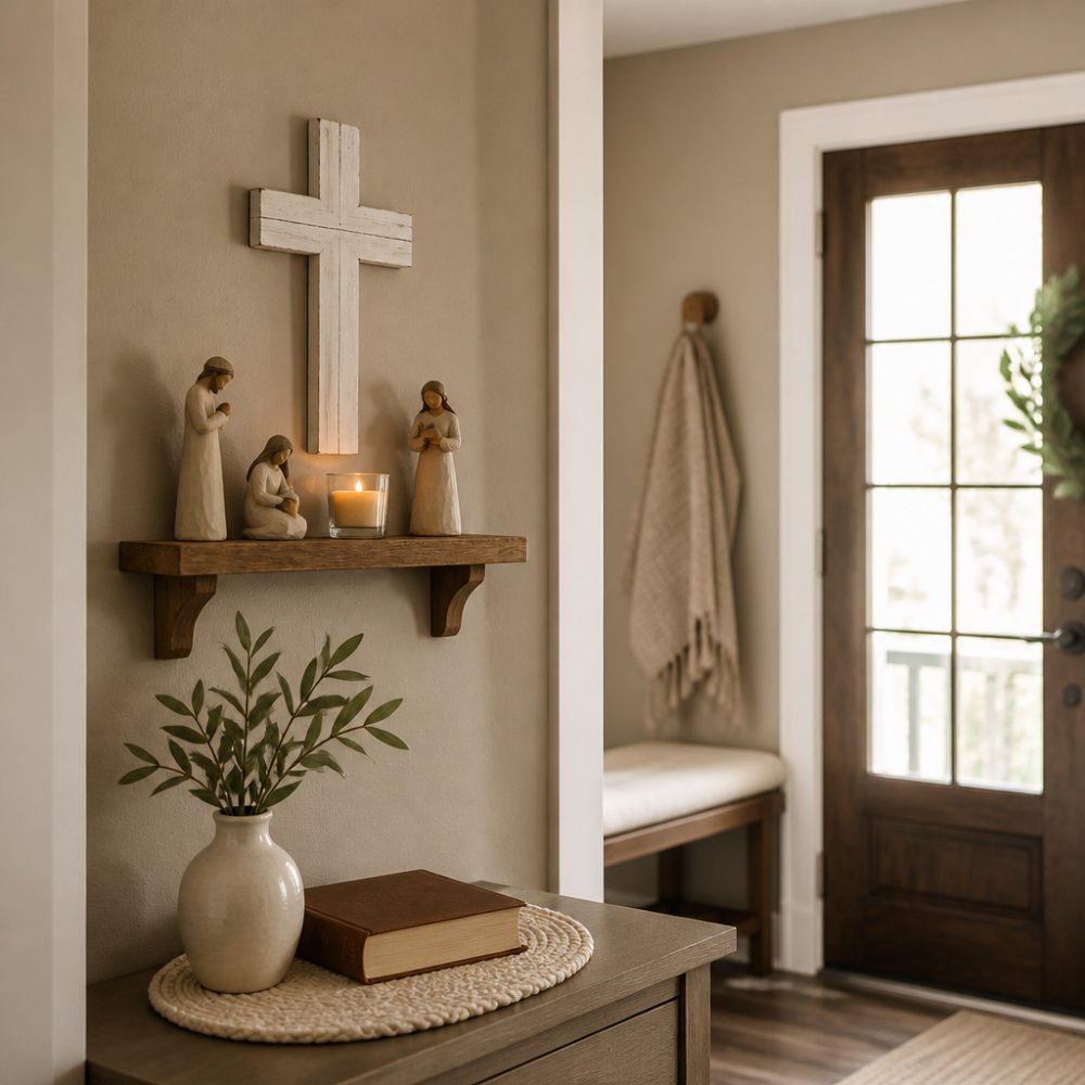 Serene home prayer corner featuring a white cross wall sign, tealight holder with soft candlelight, and small wooden shelf displaying faith-inspired figurines and a devotional book on neutral-toned furniture with warm natural lighting