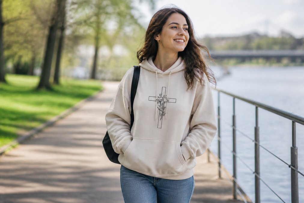 A young woman wearing a cozy Christian hoodie with a scripture design, smiling while walking outdoors in a casual setting, natural light