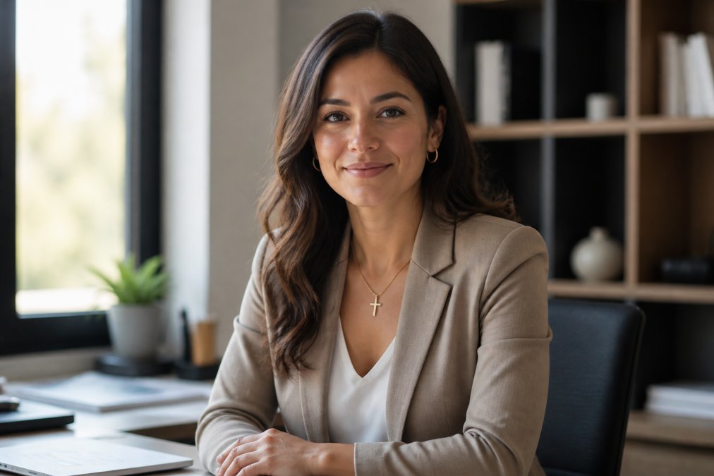 A professional woman in a modern office setting wearing a delicate gold cross necklace, looking confident and approachable with soft natural lighting