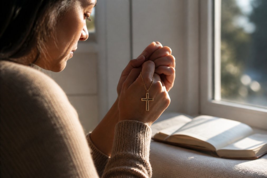 Close-up of hands holding a delicate gold cross pendant during morning prayer, soft natural light streaming through a window, person in peaceful contemplative posture near a window seat