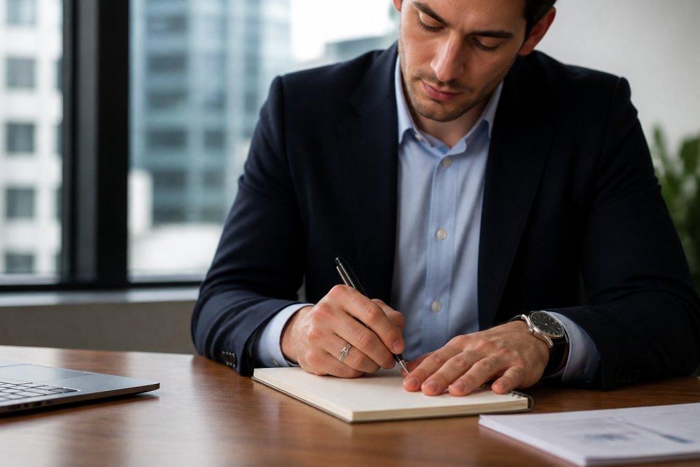 Professional in business casual attire wearing a subtle cross ring at a desk in a corporate office, showing how faith-based jewelry integrates seamlessly into workplace presentation