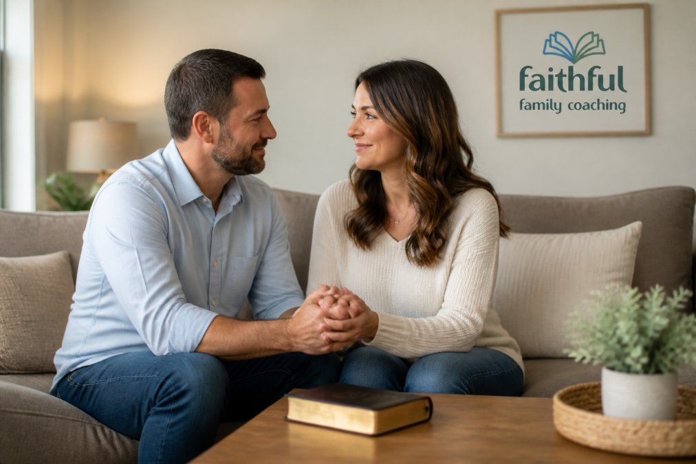 A Christian couple sitting together on a couch in a warm, softly lit living room, holding hands and looking at each other with gentle smiles, a Bible resting on the coffee table beside them