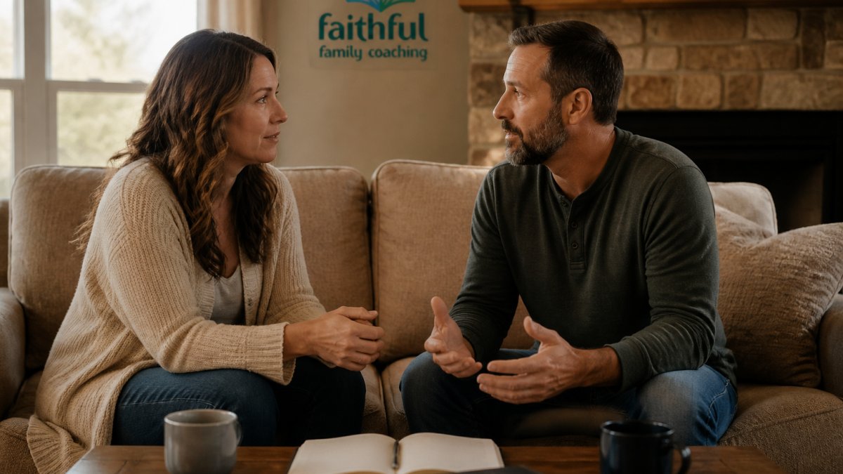 A couple sitting together on a couch having a calm, focused conversation with genuine eye contact and open body language in a comfortable home setting