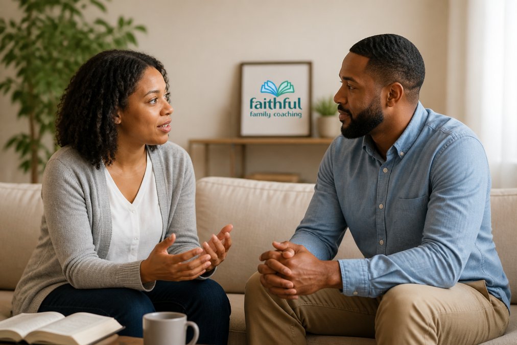 A couple sitting together on a couch in a bright living room, facing each other with open body language, one person speaking while the other listens with focused attention and gentle expression