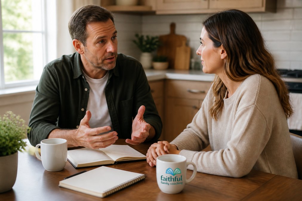 Two people at a kitchen table with notebooks and coffee, one person speaking while the other maintains focused eye contact and open body language, natural afternoon light streaming through a window