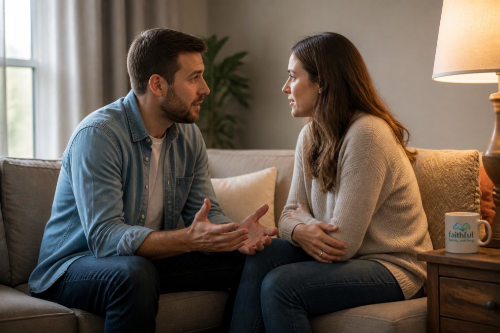 A married couple sitting on a comfortable couch in a warm, softly lit living room, facing each other and talking with open, earnest expressions, their body language showing engagement during a difficult but connected conversation
