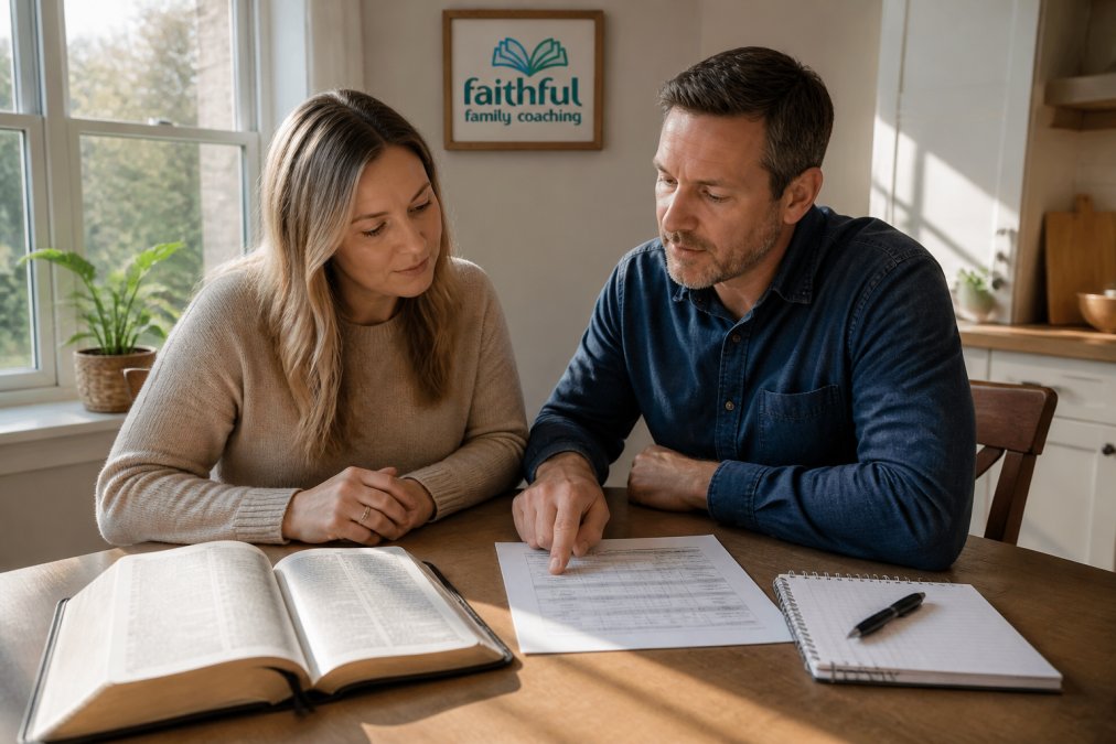 Comparison chart of Christian marriage conflict resolution programs featuring a couple studying at a table.