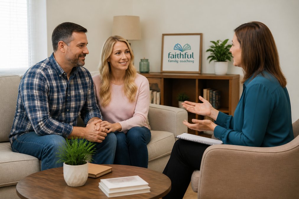 A couple sitting together on a comfortable couch in a bright, welcoming office, holding hands and talking with a supportive female coach across from them