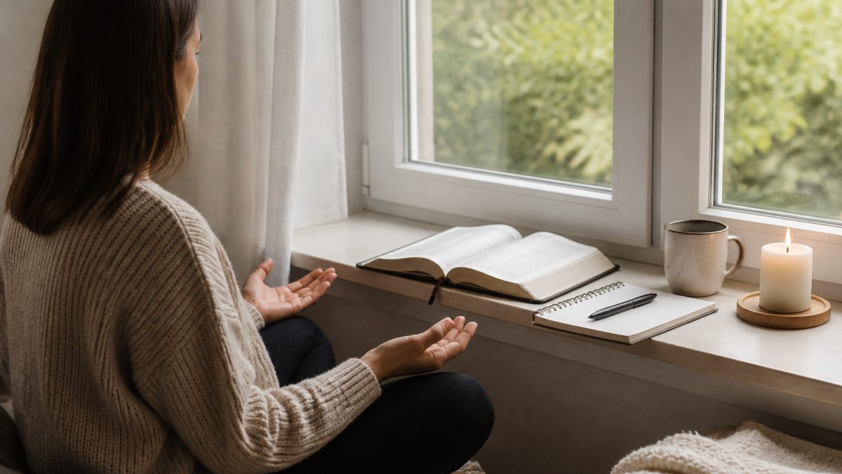 A person sitting quietly by a window with an open Bible and a journal, hands resting open, soft natural light suggesting prayerful reflection