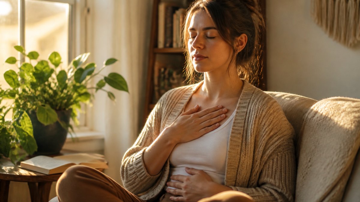 Woman sitting peacefully in a quiet corner of her home with eyes closed, hand on her heart, practicing a breathing exercise near a window with natural light