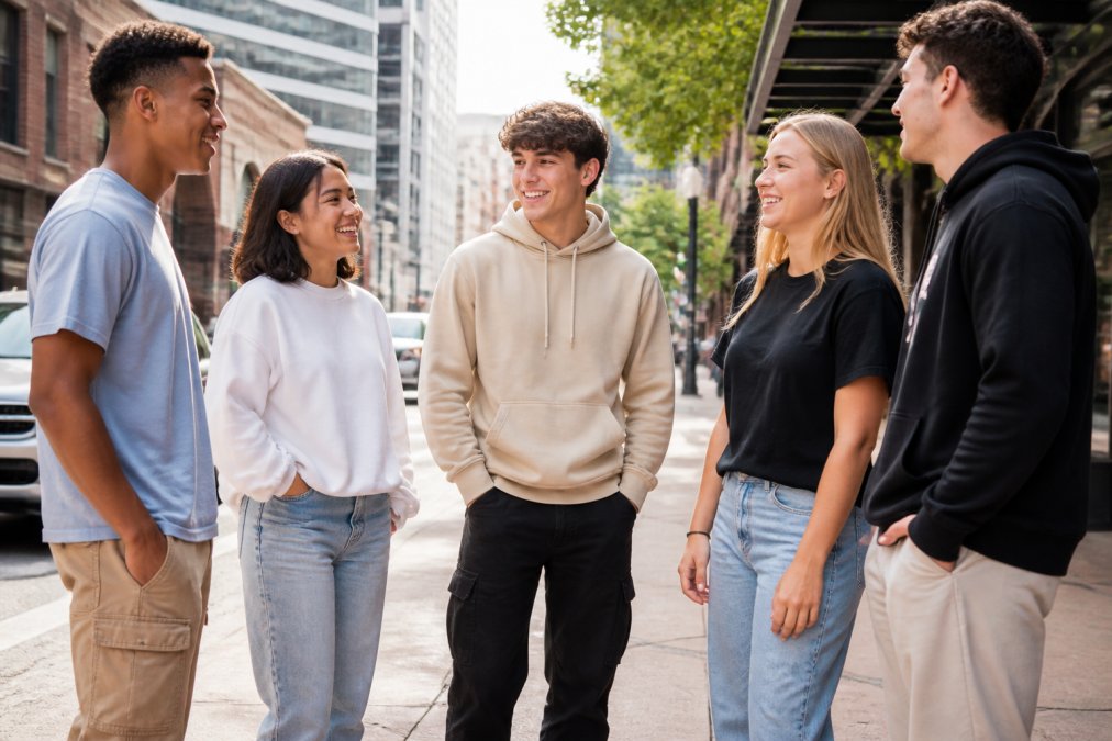Diverse group of young adults and teenagers wearing modern, stylish Christian apparel in casual urban settings, graphic tees, hoodies, and streetwear pieces that look contemporary and polished, photographed in natural daylight on a city street