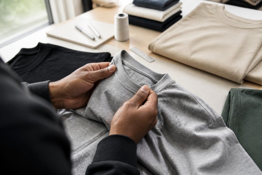 Close-up of hands holding and examining different Christian apparel pieces, checking fabric quality, stitching, and print durability under natural light