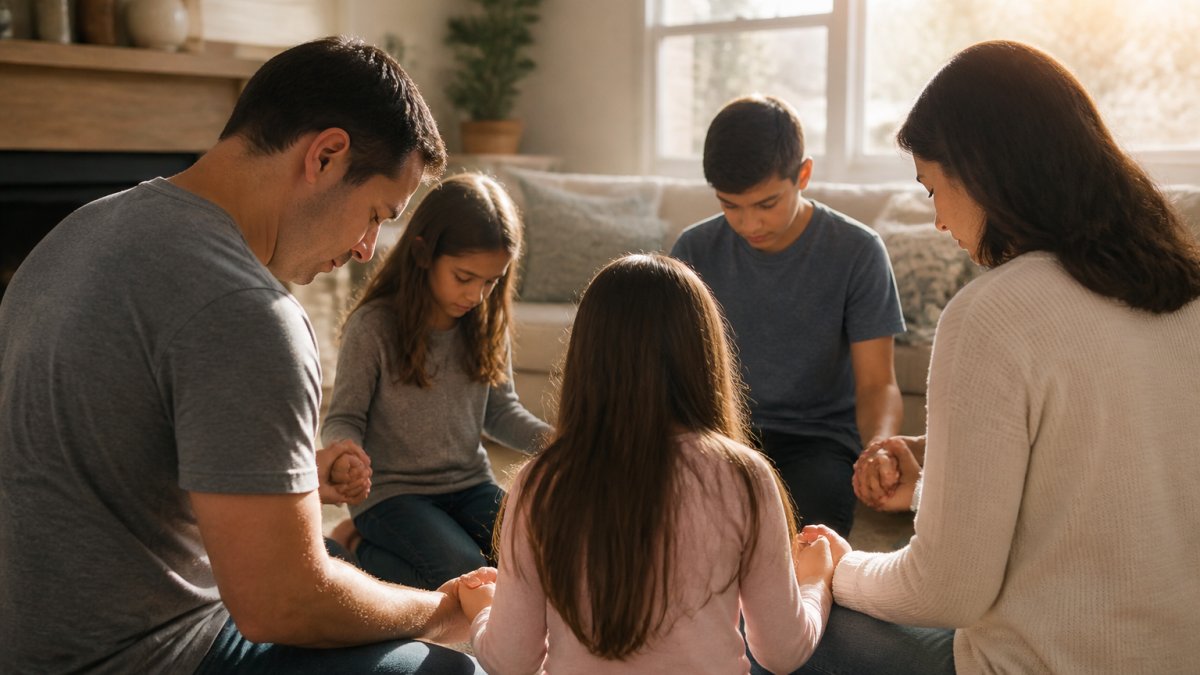A Christian family sitting together in a living room, holding hands in a circle with heads bowed in prayer, warm natural light streaming through windows