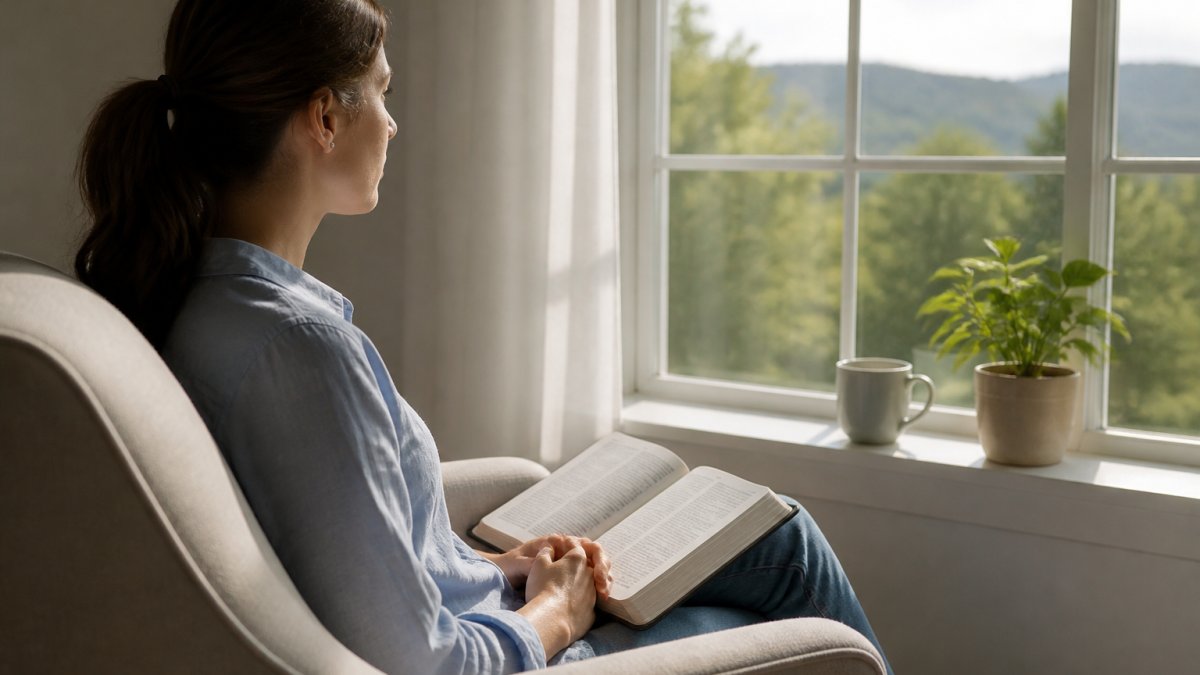 Person sitting by a window with an open Bible, finding peace through christian prayer during a quiet morning.