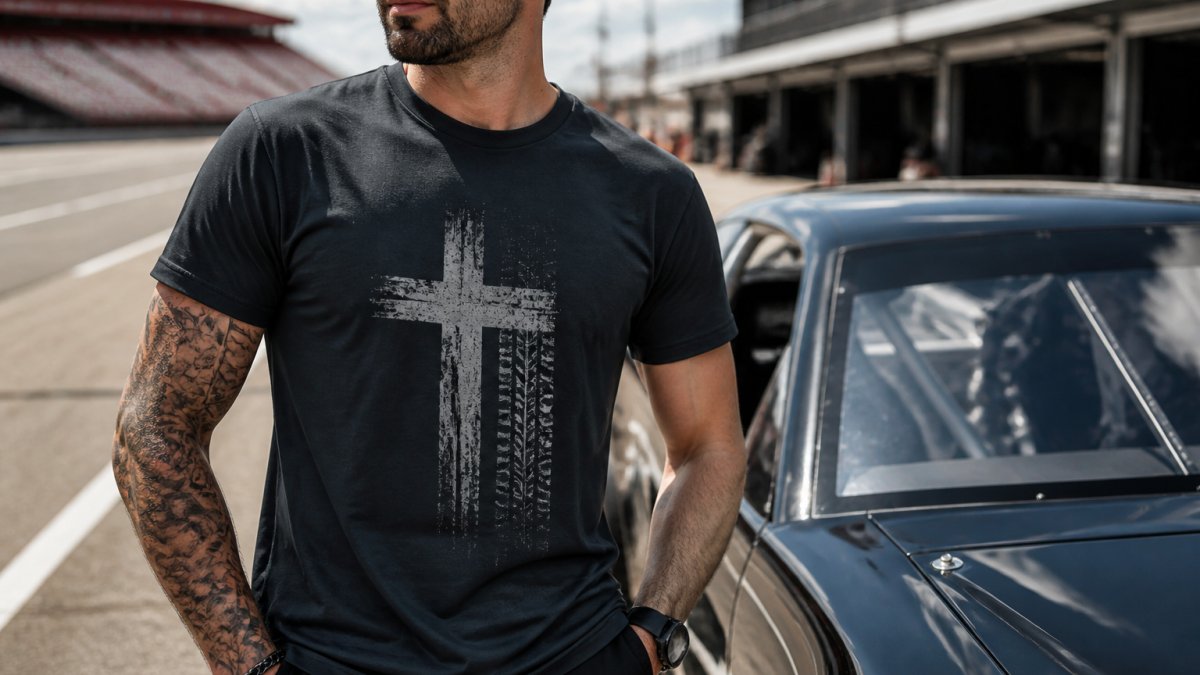 Close-up of a person wearing a faith-inspired racing t-shirt, standing beside a race car in a pit lane, sunlight catching the fabric texture and printed design