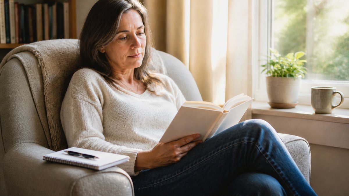 A woman reading christian self help books in a quiet, sunlit room with a notebook and pen nearby.